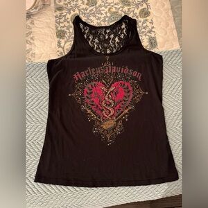 Harley-Davidson Black Lace-Back Tank with Red & Gold Heart Graphic